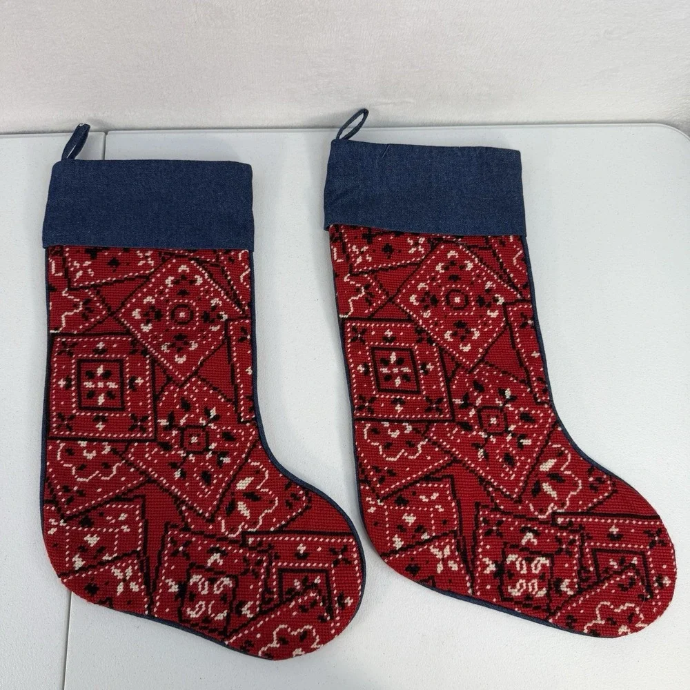 Vintage Needlepoint Christmas Stocking Wool Red Bandana Denim Large‎ Set Of 2